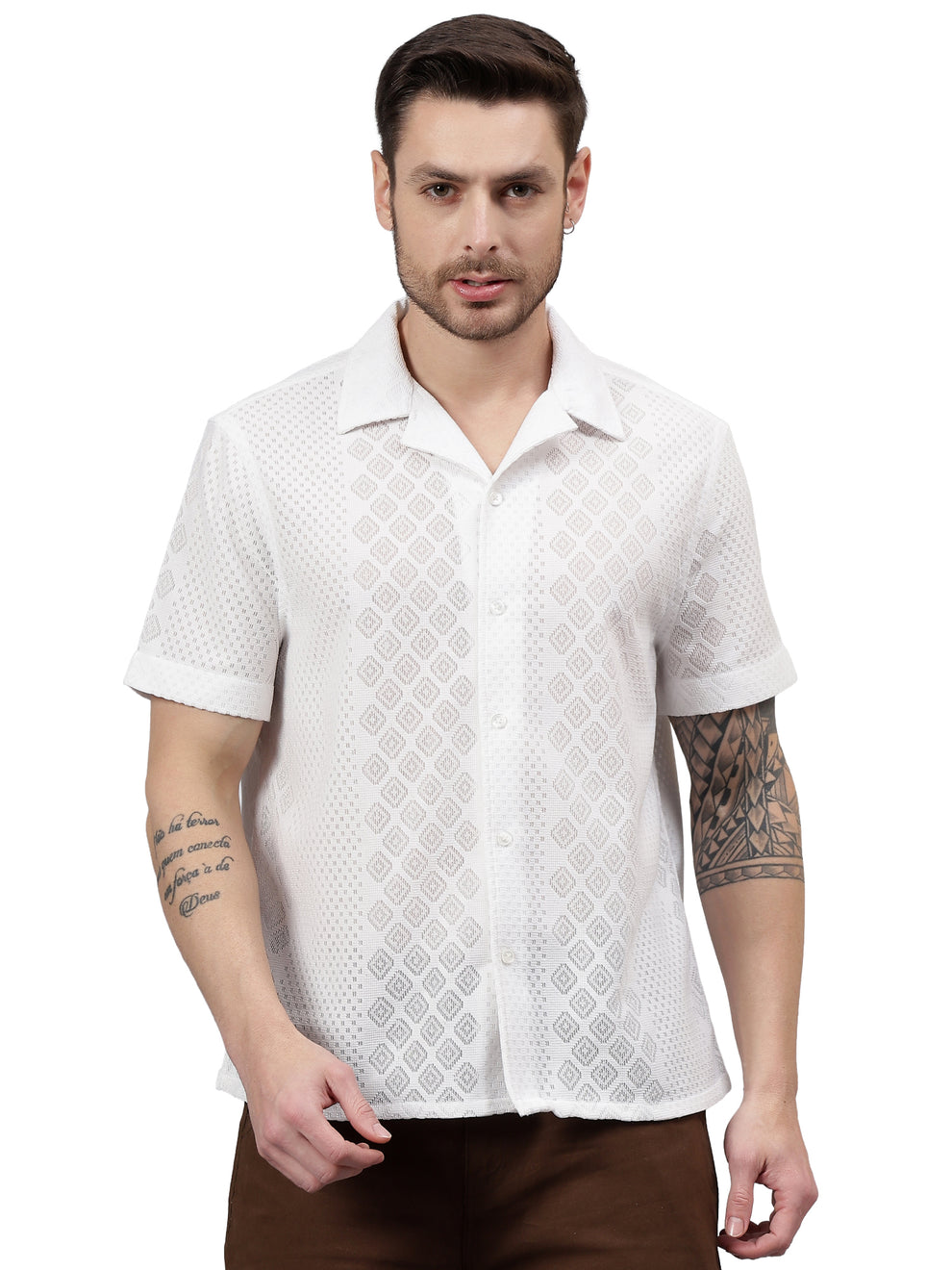 MEN'S WHITE GEO LACE CUBAN COLLAR SHIRT