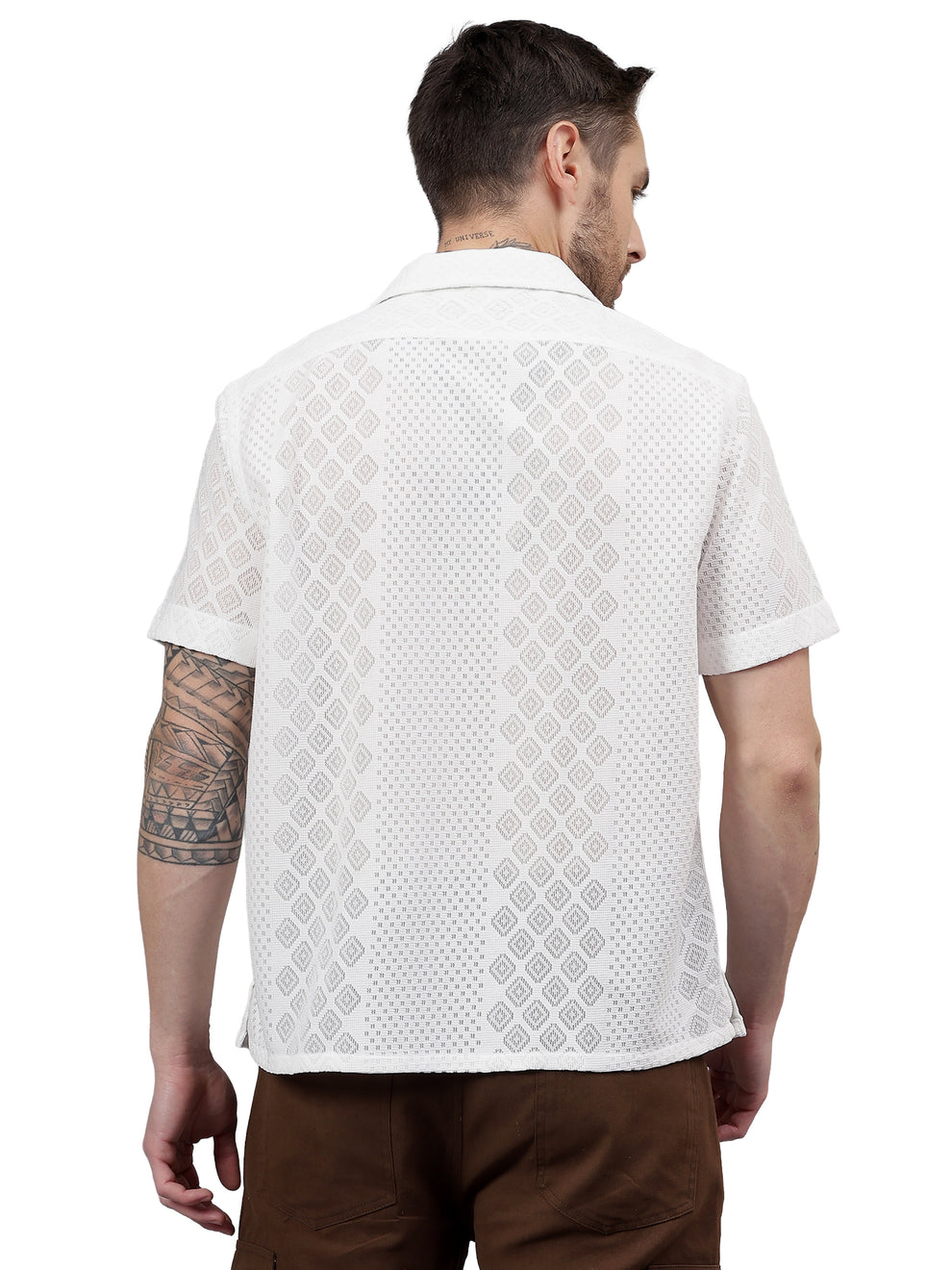 MEN'S WHITE GEO LACE CUBAN COLLAR SHIRT