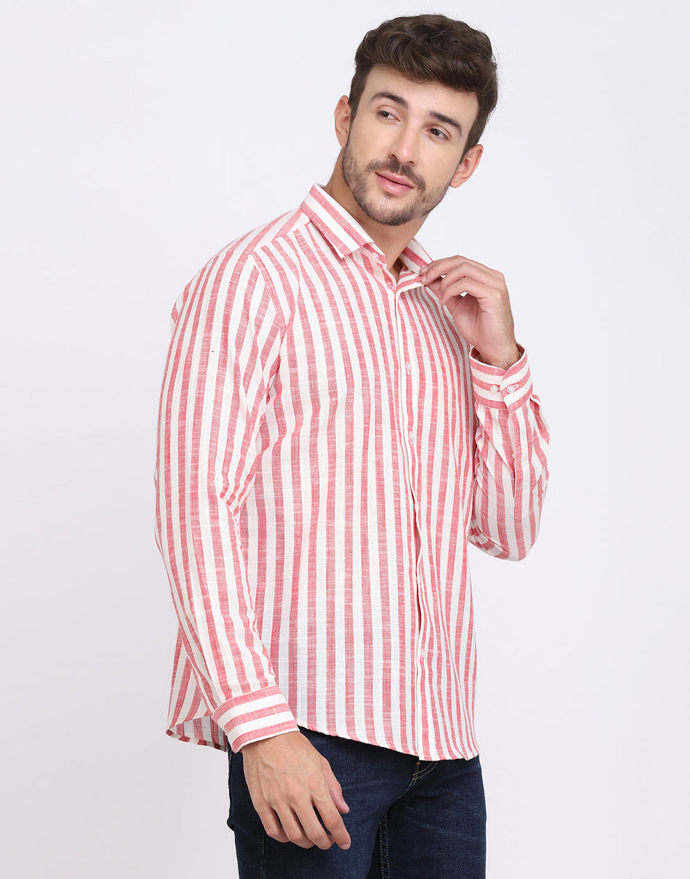 MEN'S RED & WHITE STRIPED COTTON SHIRT