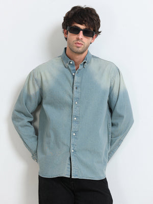 Antiqued Light Wash Denim Shirt for Men