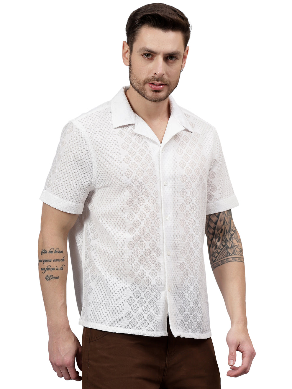 MEN'S WHITE GEO LACE CUBAN COLLAR SHIRT