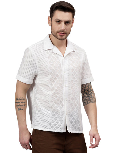 MEN'S WHITE GEO LACE CUBAN COLLAR SHIRT
