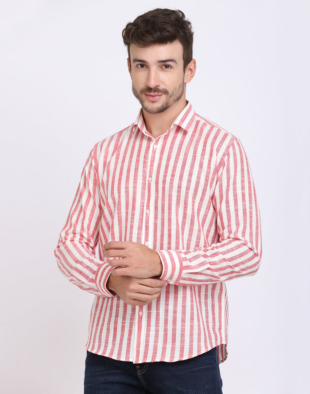 MEN'S RED & WHITE STRIPED COTTON SHIRT