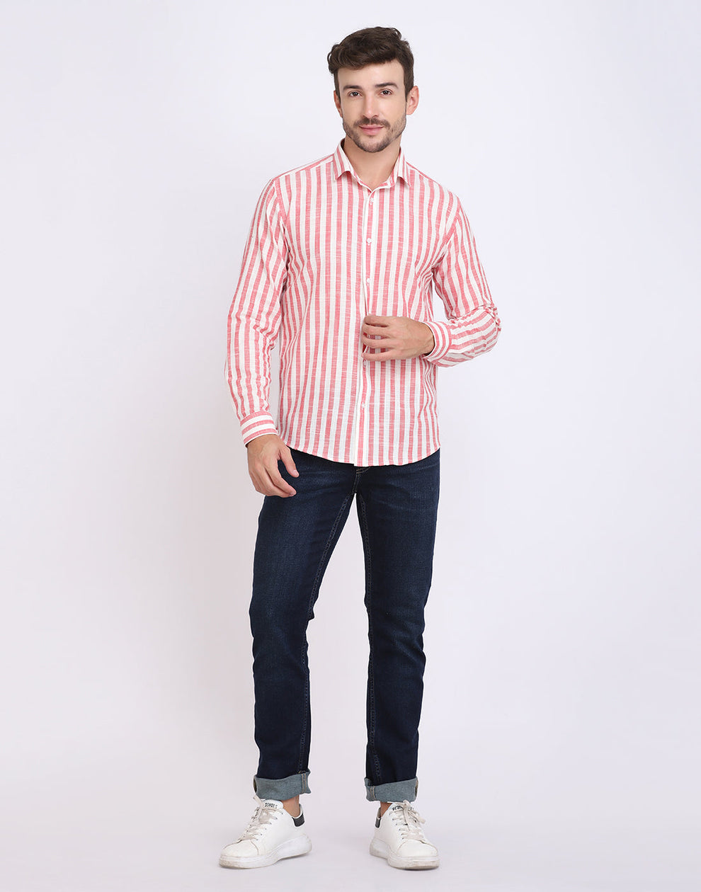 MEN'S RED & WHITE STRIPED COTTON SHIRT