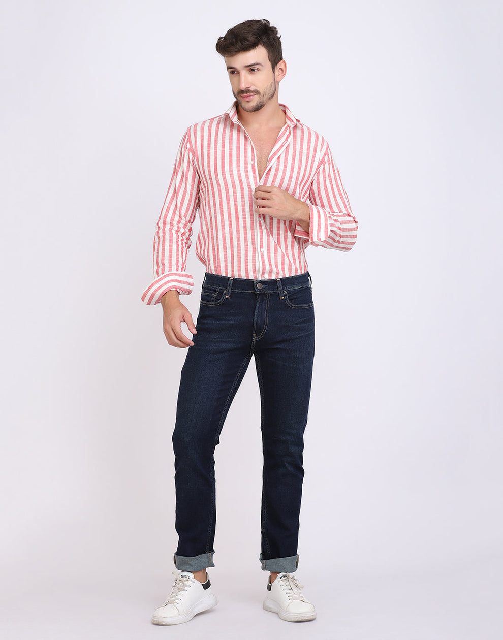 MEN'S RED & WHITE STRIPED COTTON SHIRT