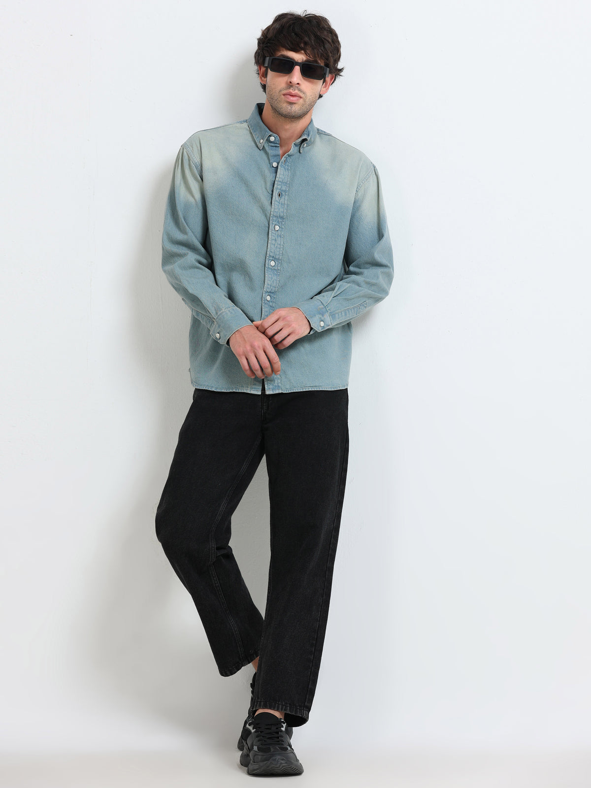 Premium Light Blue Denim Shirt with Antiqued Finish