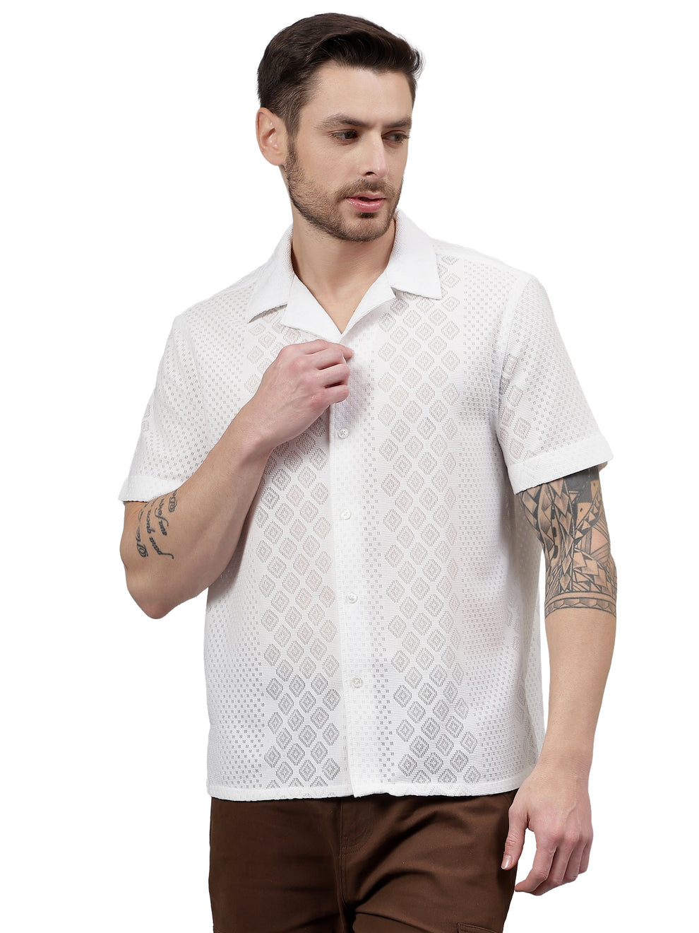MEN'S WHITE GEO LACE CUBAN COLLAR SHIRT