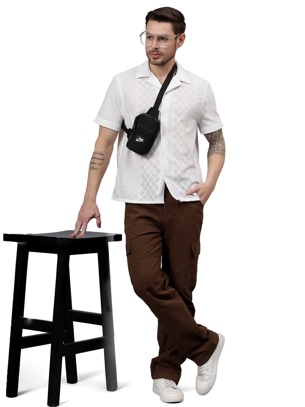 MEN'S WHITE GEO LACE CUBAN COLLAR SHIRT