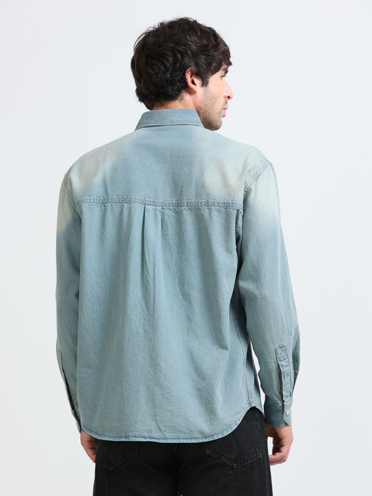 Antiqued Light Wash Denim Shirt for Men