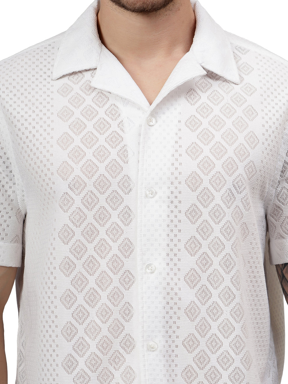 MEN'S WHITE GEO LACE CUBAN COLLAR SHIRT
