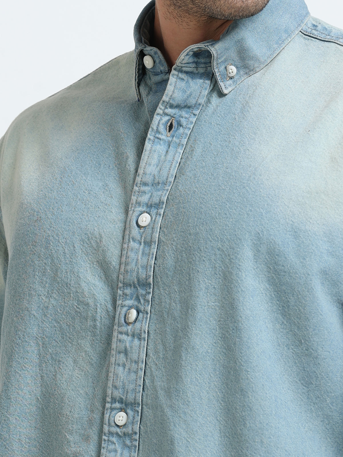 Antiqued Light Wash Denim Shirt for Men