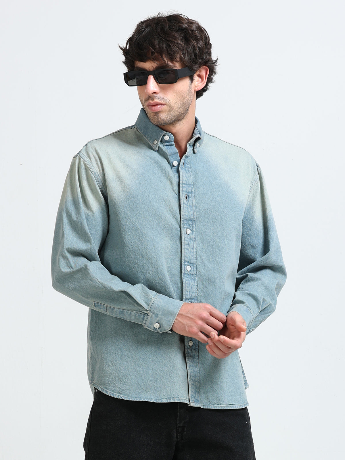 Antiqued Light Wash Denim Shirt for Men