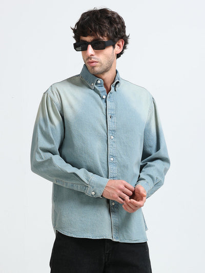Antiqued Light Wash Denim Shirt for Men